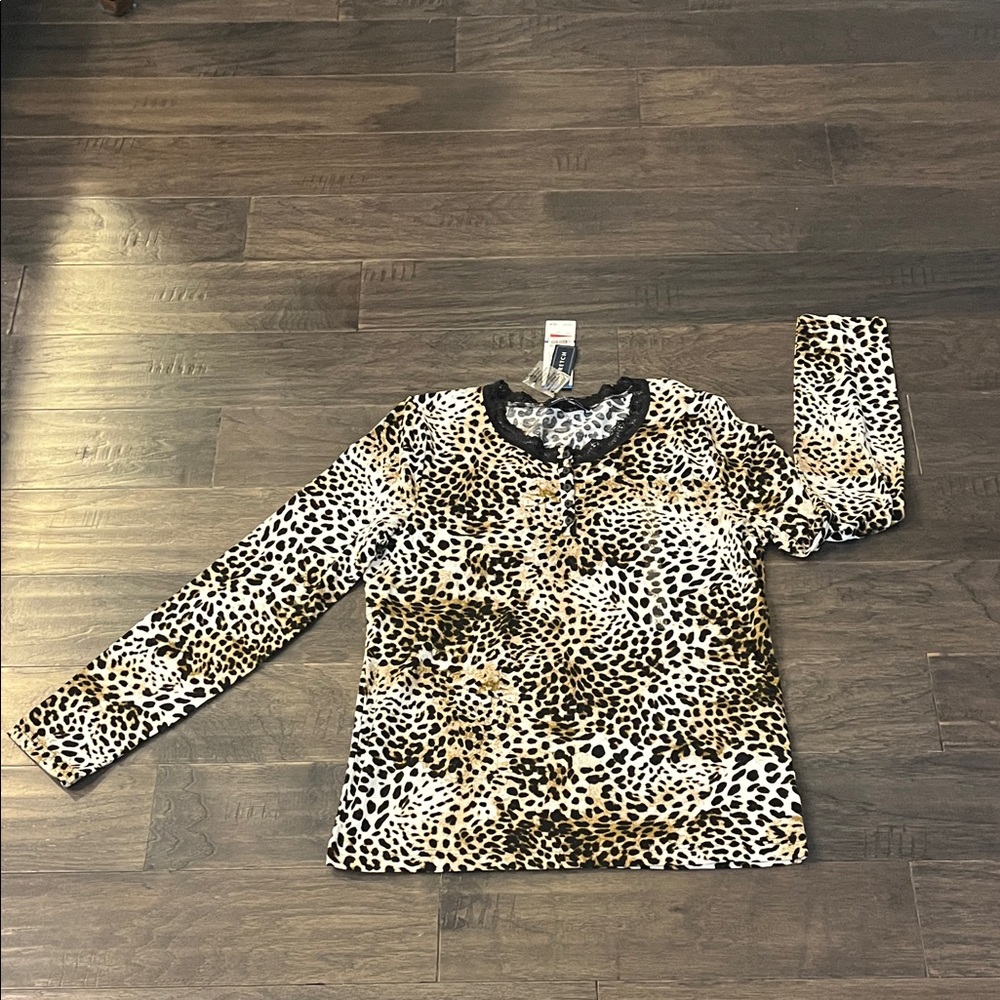 Jones New York Leopard Print Stretch Long Sleeve T Shirt new Women’s Size XL